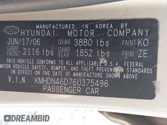 2006 Hyundai Elantra GLS with VIN KMHDN46D76U375496, listed as a IAAI auction lot 42583939 with 197,444 mi miles and . Bid and sale history available at DreamBid. Image 9.