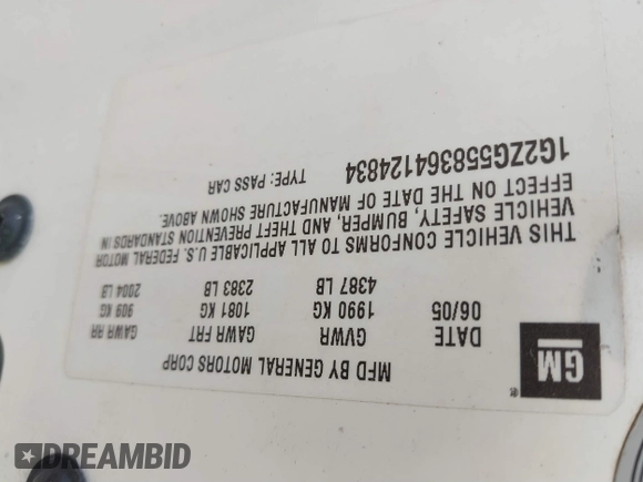 2006 Pontiac G6 6-Cyl z VIN 1G2ZG558364124834, wystawiony jako IAAI lot #41815411 z przebiegiem Nie podano mil oraz . Historia ofert i sprzedaży dostępna na DreamBid. Obrazek 9.