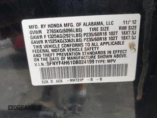 2013 Honda Pilot EX-L with VIN 5FNYF4H61DB024199, listed as a IAAI auction lot 42663791 with 176,294 mi miles and . Bid and sale history available at DreamBid. Image 9.