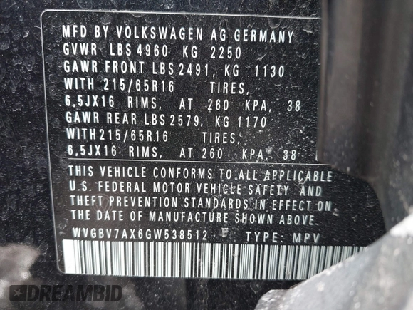 2016 Volkswagen Tiguan S with VIN WVGBV7AX6GW538512, listed as a IAAI auction lot 41656806 with 75,074 mi miles and . Bid and sale history available at DreamBid. Image 9.