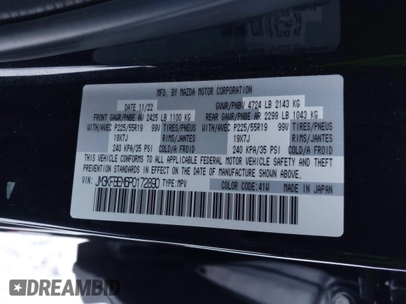 2023 Mazda CX-5 2.5 S Premium Plus Package with VIN JM3KFBEM6P0172890, listed as a IAAI auction lot 41312358 with 19,574 mi miles. Bid and sale history available at carsss.com. Image 9.