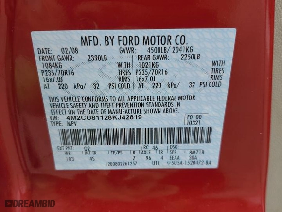 2008 Mercury Mariner with VIN 4M2CU81128KJ42819, listed as a Copart auction lot 44699955 with 203,854 mi miles and Salvage Title. Bid and sale history available at carsss.com. Image 13.