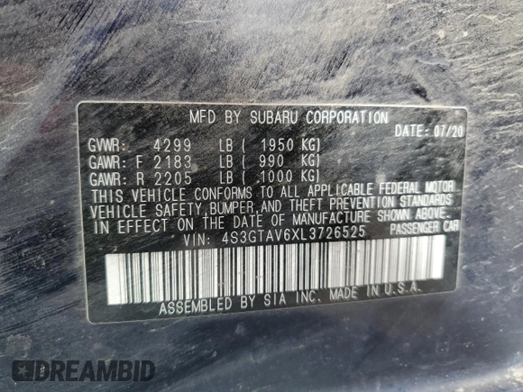 2020 Subaru Impreza Premium with VIN 4S3GTAV6XL3726525, listed as a Copart auction lot 50821405 with 66,114 mi miles and Salvage title. Bid and sale history available at DreamBid. Image 12.