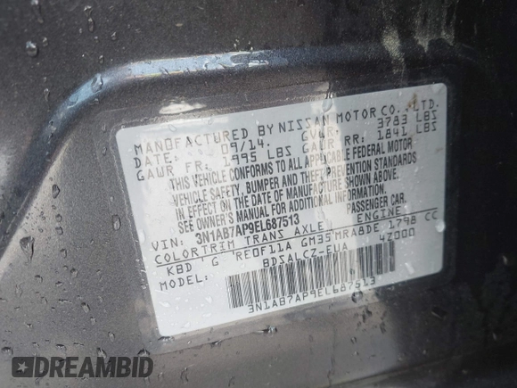 2014 Nissan Sentra S with VIN 3N1AB7AP9EL687513, listed as a IAAI auction lot 42116905 with 148,826 mi miles and . Bid and sale history available at DreamBid. Image 9.