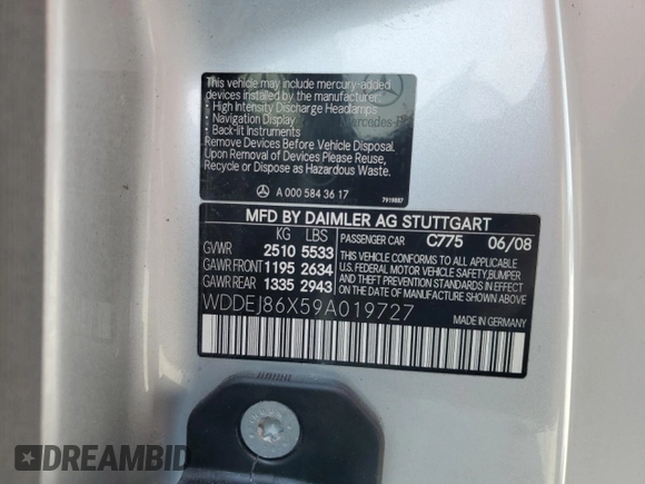 2009 Mercedes-Benz CL 550 with VIN WDDEJ86X59A019727, listed as a Copart auction lot 47623995 with 70,579 mi miles and Salvage Title. Bid and sale history available at DreamBid. Image 12.