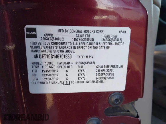 2004 Isuzu Ascender with VIN 4NUET16S146701830, listed as a IAAI auction lot 41659207 with 265,229 mi miles and . Bid and sale history available at DreamBid. Image 9.