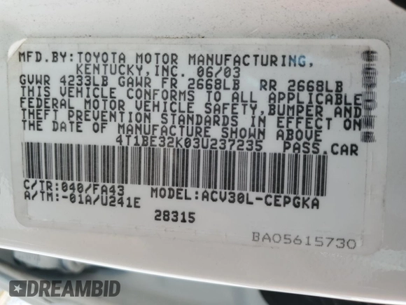 2003 Toyota Camry LE with VIN 4T1BE32K03U237235, listed as a Copart auction lot 55101425 with 114,830 mi miles and Salvage Title. Bid and sale history available at DreamBid. Image 12.
