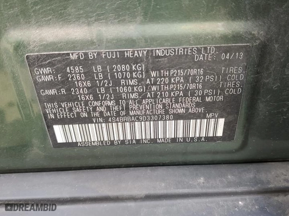 2013 Subaru Outback 2.5i with VIN 4S4BRBAC9D3307380, listed as a Copart auction lot 50500745 with 129,950 mi miles and Salvage Title. Bid and sale history available at carsss.com. Image 14.