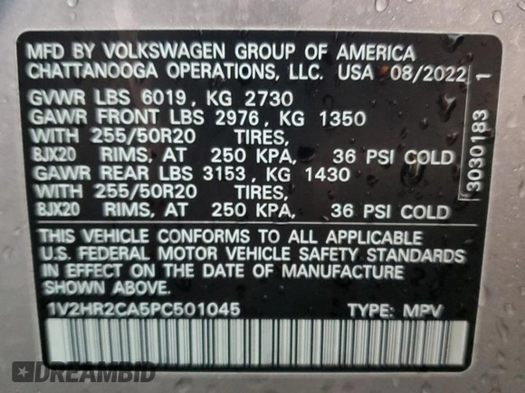 2023 Volkswagen Atlas 3.6L V6 SE w/Technology with VIN 1V2HR2CA5PC501045, listed as a Copart auction lot 51124455 with 28,020 mi miles and Salvage Title. Bid and sale history available at carsss.com. Image 15.