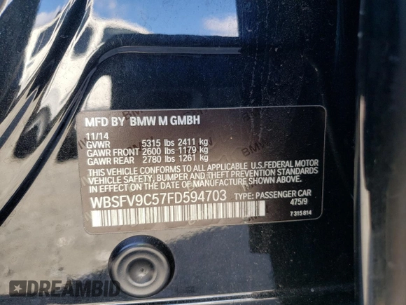 2015 BMW M5 with VIN WBSFV9C57FD594703, listed as a Copart auction lot 37756913 with 165,305 mi miles. Bid and sale history available at carsss.com. Image 12.