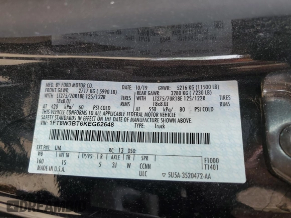 2019 Ford F-350 XL with VIN 1FT8W3BT6KEG62648, listed as a Copart auction lot 60870445 with 68,063 mi miles and Salvage title. Bid and sale history available at DreamBid. Image 12.