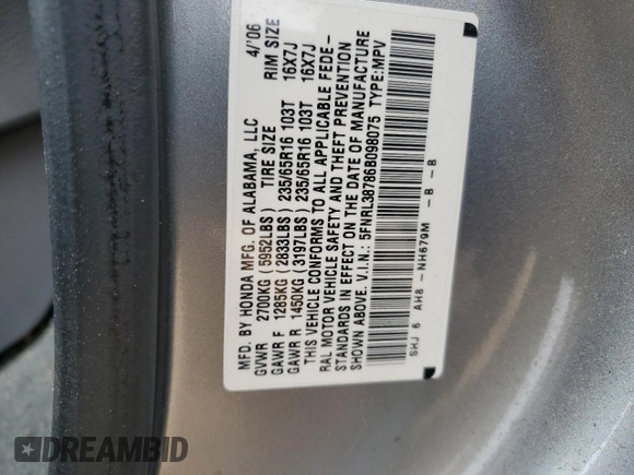 2006 Honda Odyssey EX-L with VIN 5FNRL38786B098075, listed as a Copart auction lot 51526235 with 164,192 mi miles and Salvage Title. Bid and sale history available at carsss.com. Image 13.