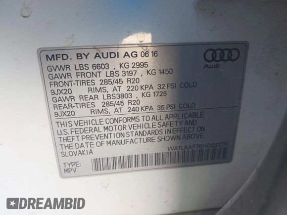 2017 Audi Q7 Premium Plus with VIN WA1LAAF76HD021311, listed as a IAAI auction lot 41559898 with 132,458 mi miles. Bid and sale history available at carsss.com. Image 9.