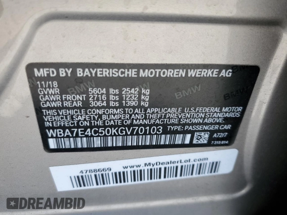 2019 BMW 7 Series 740i xDrive with VIN WBA7E4C50KGV70103, listed as a Copart auction lot 53019885 with 66,862 mi miles and Salvage Title. Bid and sale history available at carsss.com. Image 12.