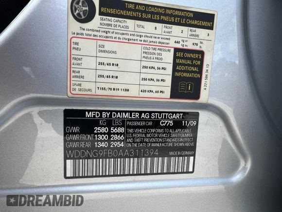 2010 Mercedes-Benz S 400 with VIN WDDNG9FB0AA311394, listed as a Copart auction lot 47423645 with 40,310 mi miles and Salvage Title. Bid and sale history available at DreamBid. Image 10.