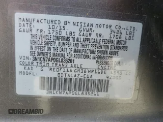 2016 Nissan Versa SV z VIN 3N1CN7AP0GL835261, wystawiony jako Copart lot #57330285 z przebiegiem 121 670 mil mil oraz Szkoda całkowita • Salvage title. Historia ofert i sprzedaży dostępna na DreamBid. Obrazek 12.