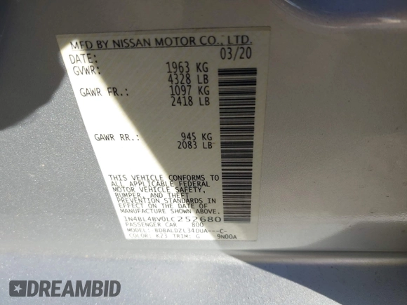 2020 Nissan Altima S with VIN 1N4BL4BV0LC252680, listed as a IAAI auction lot 40645027 with 93,171 mi miles and . Bid and sale history available at DreamBid. Image 9.