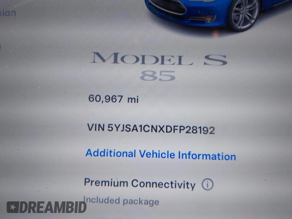 2013 Tesla Model S with VIN 5YJSA1CNXDFP28192, listed as a IAAI auction lot 42227521 with 60,967 mi miles and . Bid and sale history available at DreamBid. Image 7.