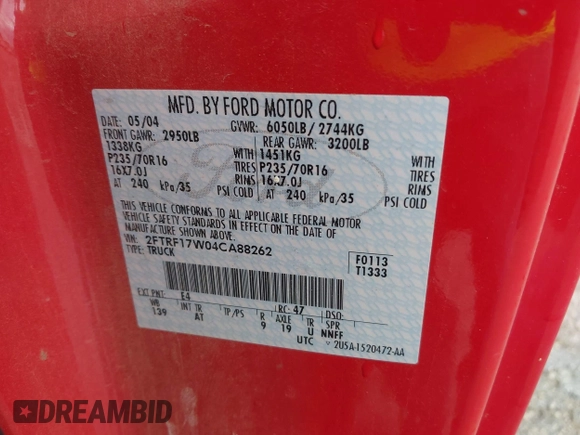 2004 Ford F-150 XL с VIN 2FTRF17W04CA88262, выставлен на аукционе IAAI как лот 42312475 с пробегом 84 272 миль миль и . История ставок и продаж доступна на DreamBid. Изображение 9.