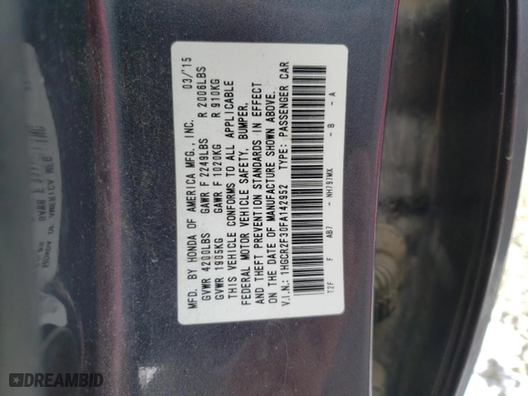 2015 Honda Accord Sedan LX with VIN 1HGCR2F30FA142952, listed as a Copart auction lot 51128945 with 161,635 mi miles and Salvage Title. Bid and sale history available at carsss.com. Image 12.