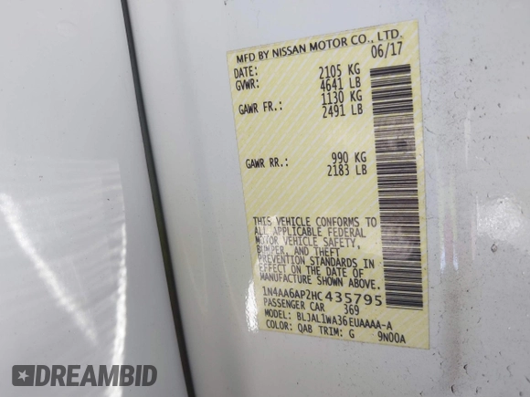 2017 Nissan Maxima Platinum with VIN 1N4AA6AP2HC435795, listed as a IAAI auction lot 42212200 with 109,784 mi miles and . Bid and sale history available at DreamBid. Image 9.