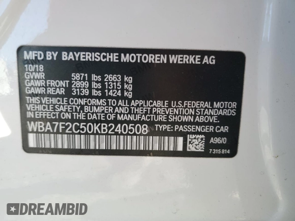2019 BMW 7 Series 750i xDrive с VIN WBA7F2C50KB240508, выставлен на аукционе Copart как лот 80551464 с пробегом 51 271 миль миль и Списание • Salvage title. История ставок и продаж доступна на DreamBid. Изображение 15.