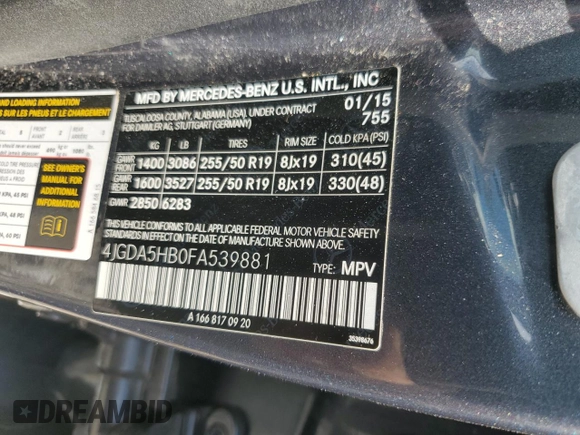 2015 Mercedes-Benz M 350 with VIN 4JGDA5HB0FA539881, listed as a Copart auction lot 58784215 with 115,933 mi miles and Clean title. Bid and sale history available at DreamBid. Image 13.
