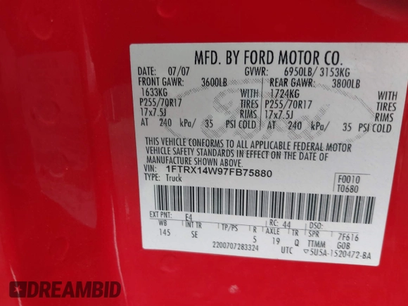 2007 Ford F-150 STX с VIN 1FTRX14W97FB75880, выставлен на аукционе IAAI как лот 42725039 с пробегом 204 775 миль миль и . История ставок и продаж доступна на DreamBid. Изображение 9.