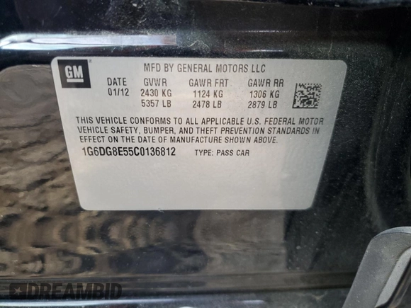 2012 Cadillac CTS with VIN 1G6DG8E55C0136812, listed as a Copart auction lot 74746554 with 49,508 mi miles and Clean Title. Bid and sale history available at DreamBid. Image 14.
