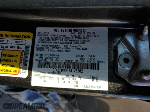 2019 Ford Fusion SE with VIN 3FA6P0HD4KR178502, listed as a Copart auction lot 46633105 with 43,904 mi miles and Salvage Title. Bid and sale history available at carsss.com. Image 12.