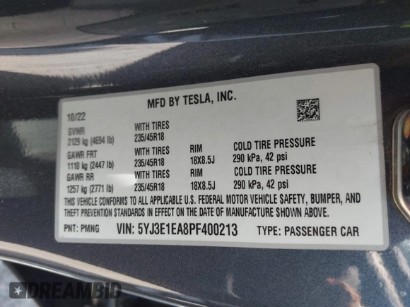 2023 Tesla Model 3 с VIN 5YJ3E1EA8PF400213, выставлен на аукционе IAAI как лот 42117720 с пробегом 54 529 миль миль и . История ставок и продаж доступна на DreamBid. Изображение 9.