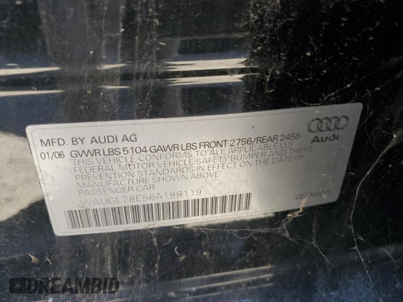 2006 Audi S4 z VIN WAUGL78E56A198119, wystawiony jako Copart lot #57002215 z przebiegiem Nie podano mil oraz Szkoda całkowita • Salvage title. Historia ofert i sprzedaży dostępna na DreamBid. Obrazek 13.