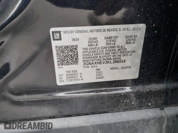 2019 Chevrolet Equinox LS with VIN 3GNAXHEV2KL396514, listed as a Copart auction lot 84737324 with 73,909 mi miles and Clean Title. Bid and sale history available at DreamBid. Image 12.