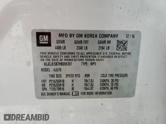 2017 Buick Encore Preferred with VIN KL4CJESB7HB098301, listed as a Copart auction lot 50862455 with 87,071 mi miles and Salvage Title. Bid and sale history available at carsss.com. Image 14.