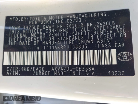 2023 Toyota Camry SE with VIN 4T1T11AK8PU138805, listed as a IAAI auction lot 41977827 with 19,661 mi miles and . Bid and sale history available at DreamBid. Image 9.