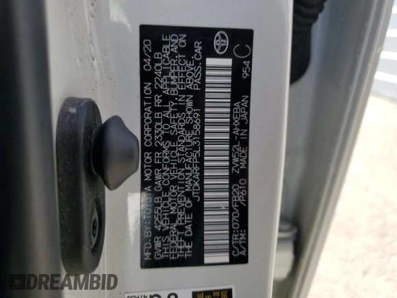 2020 Toyota Prius LE z VIN JTDKARFP5L3158691, wystawiony jako Copart lot #55255125 z przebiegiem Nie podano mil oraz Szkoda całkowita • Salvage title. Historia ofert i sprzedaży dostępna na DreamBid. Obrazek 12.