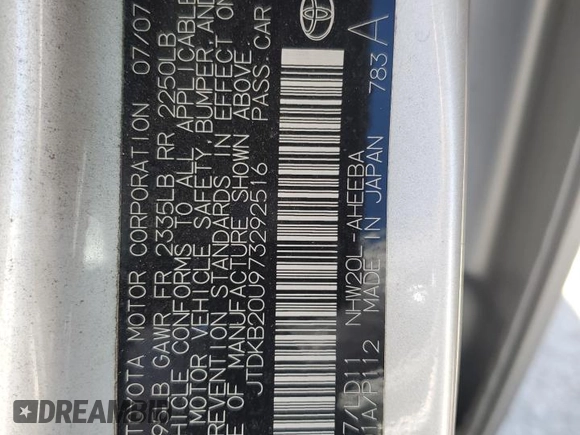 2007 Toyota Prius with VIN JTDKB20U973292516, listed as a Copart auction lot 52636745 with Not Provided miles and Salvage Title. Bid and sale history available at carsss.com. Image 12.