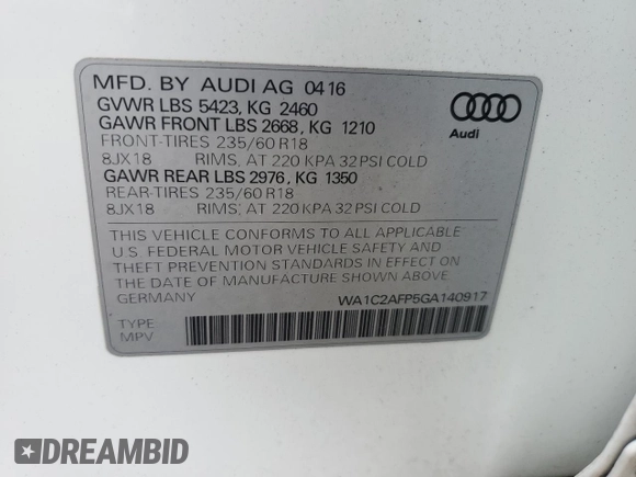 2016 Audi Q5 Premium with VIN WA1C2AFP5GA140917, listed as a Copart auction lot 50037035 with 111,841 mi miles and Salvage Title. Bid and sale history available at carsss.com. Image 13.