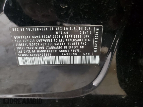 2013 Volkswagen Jetta SE with VIN 3VWDX7AJXDM427263, listed as a Copart auction lot 52502585 with 243,457 mi miles and Salvage title. Bid and sale history available at DreamBid. Image 14.