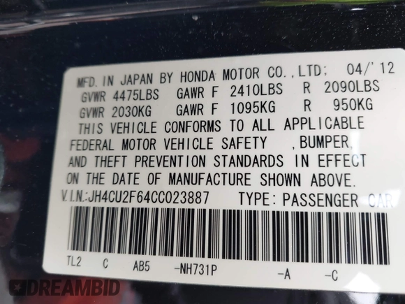 2012 Acura TSX Tech Pkg with VIN JH4CU2F64CC023887, listed as a IAAI auction lot 41775812 with 1 mi miles. Bid and sale history available at carsss.com. Image 9.