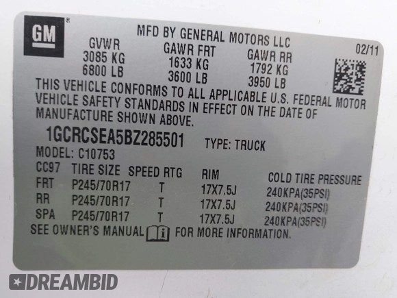2011 Chevrolet Silverado 1500 LT with VIN 1GCRCSEA5BZ285501, listed as a IAAI auction lot 42194927 with 249,640 mi miles and . Bid and sale history available at DreamBid. Image 9.