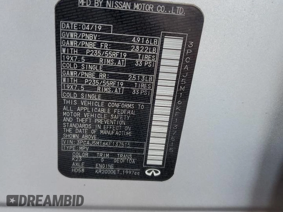 2019 Infiniti QX50 Essential с VIN 3PCAJ5M16KF137515, выставлен на аукционе Copart как лот 59387945 с пробегом 88 963 миль миль и Списание • Salvage title. История ставок и продаж доступна на DreamBid. Изображение 13.