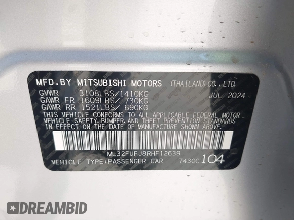2024 Mitsubishi Mirage ES z VIN ML32FUFJ8RHF12639, wystawiony jako IAAI lot #41893911 z przebiegiem 8 376 mil mil oraz . Historia ofert i sprzedaży dostępna na DreamBid. Obrazek 9.