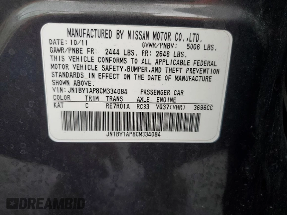 2012 Infiniti M z VIN JN1BY1AP8CM334084, wystawiony jako Copart lot #50758815 z przebiegiem 107 917 mil mil oraz Szkoda całkowita • Salvage title. Historia ofert i sprzedaży dostępna na DreamBid. Obrazek 13.