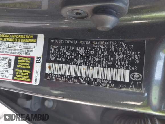 2012 Toyota Matrix S with VIN 2T1KE4EEXCC049481, listed as a IAAI auction lot 42479192 with 136,048 mi miles and . Bid and sale history available at DreamBid. Image 9.