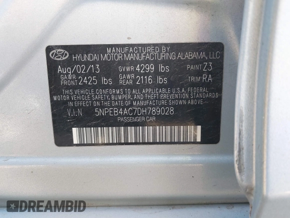 2013 Hyundai Sonata GLS with VIN 5NPEB4AC7DH789028, listed as a IAAI auction lot 41827734 with 135,624 mi miles and . Bid and sale history available at carsss.com. Image 9.