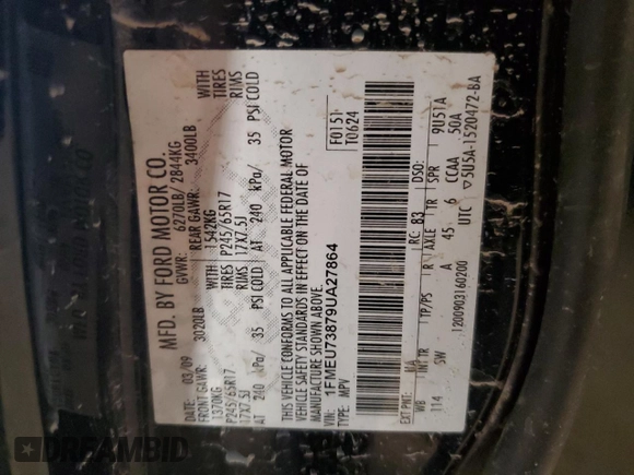 2009 Ford Explorer XLT z VIN 1FMEU73879UA27864, wystawiony jako Copart lot #54829045 z przebiegiem Nie podano mil oraz Szkoda całkowita • Salvage title. Historia ofert i sprzedaży dostępna na DreamBid. Obrazek 13.