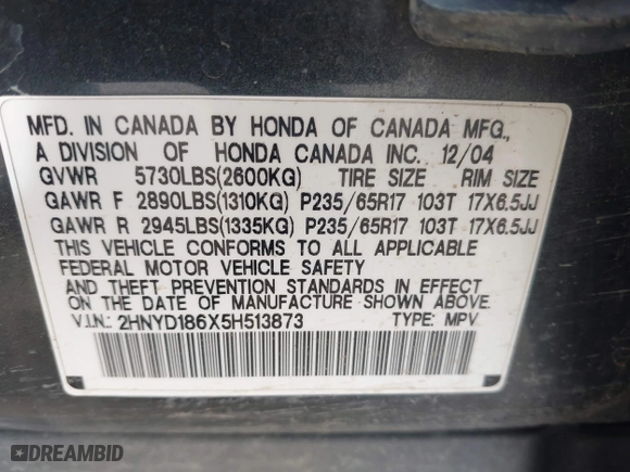 2005 Acura MDX Touring with VIN 2HNYD186X5H513873, listed as a IAAI auction lot 41970508 with 210,222 mi miles. Bid and sale history available at carsss.com. Image 9.