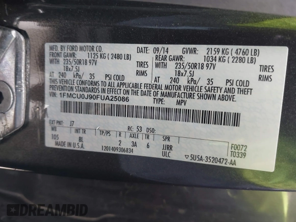 2015 Ford Escape Titanium with VIN 1FMCU0J90FUA25086, listed as a IAAI auction lot 41993681 with 126,170 mi miles. Bid and sale history available at carsss.com. Image 9.