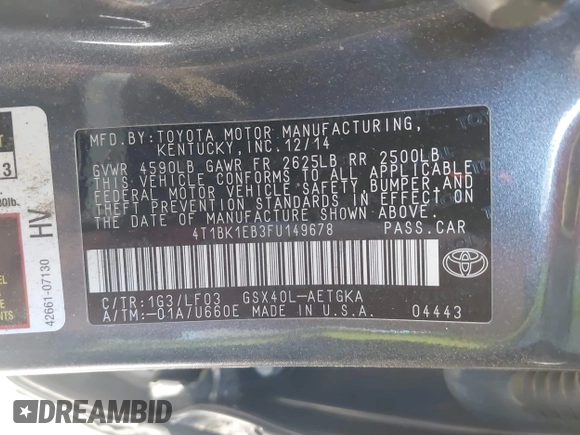 2015 Toyota Avalon Limited with VIN 4T1BK1EB3FU149678, listed as a IAAI auction lot 41372504 with 108,776 mi miles and . Bid and sale history available at DreamBid. Image 9.
